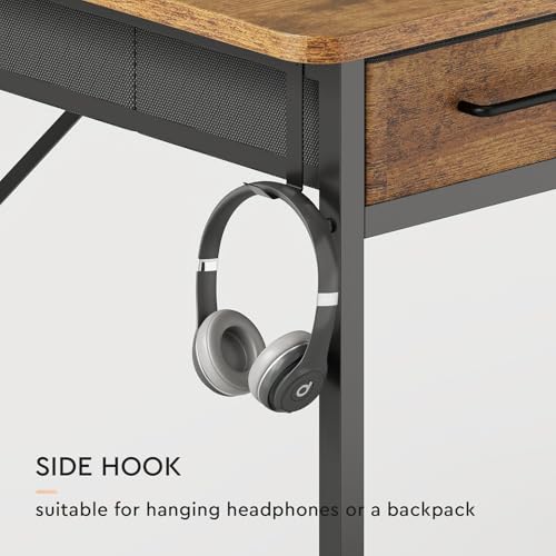 Small Desk with Drawers, 31.5X15.8-22.9 Inches Office Computer Desk with Side Pocket & Ergonomic Monitor Stand, Writing Table for Small Spaces, Bedroom, Kids Desk, Vanity Desk, Rustic Brown