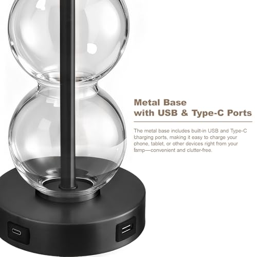 25" Glass Table Lamps Set of 2, Black Modern Table Lamps with USB Ports for Living Room, Linen Shade Bedside Lamps for Bedroom, Nightstand, Side Table (Bulbs not Included) - color: Black