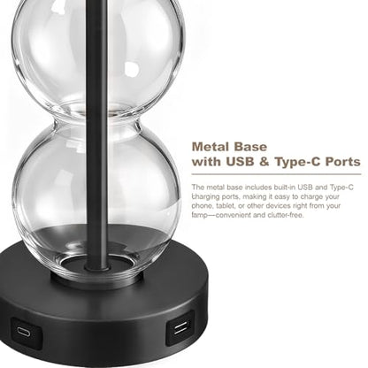 25" Glass Table Lamps Set of 2, Black Modern Table Lamps with USB Ports for Living Room, Linen Shade Bedside Lamps for Bedroom, Nightstand, Side Table (Bulbs not Included) - color: Black