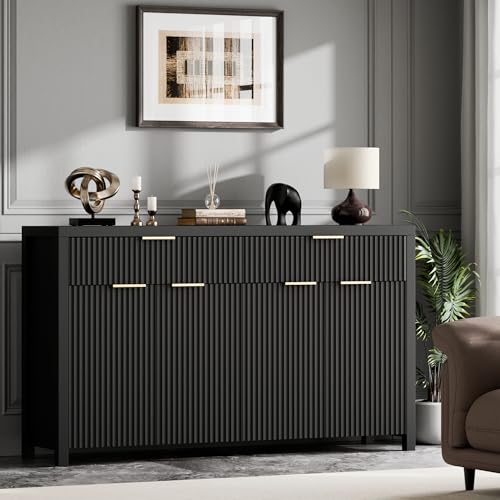 55" Sideboard Buffet Cabinet with Storage for Kitchen, Black | Adjustable Shelves, Quiet Full-Extension Slides, Curved Metal Handle, Coffee Bar with Drawers for Dining Room, Entryway - color: Black, size: 13.8"D x 55.09"W x 32.8"H