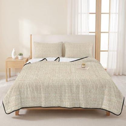 Twin Quilt Bedding Set, Minimalist Beige Aesthetic Soft Microfiber Summer Bedspread Coverlet with 2 Pillow Shams for All Season, Retro Linen Textured Breathable Bedding Set for Hot Sleepers - size: Twin
