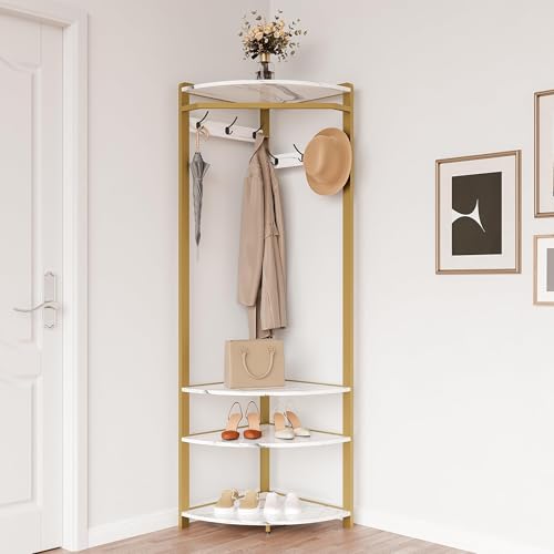 CABIHOME Space-Saving Corner Hall Tree with Shoe Bench, 6 Double Hooks & Storage Shelf, Multi-Purpose Entryway Corner Coat Rack Organizer for Hallway, Entryway, White+Gold - color: White+Gold