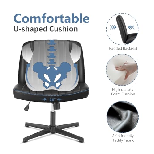 DUMOS Criss Cross Chair No Wheels, Wide Seat Cross Legged Office Desk Vanity Chair, Faux Leather Armless Height Adjustable Swivel Task Computer Chairs for Home, Study, Black PU - color: Black Pu
