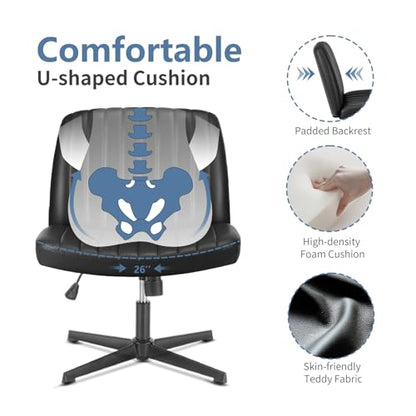 DUMOS Criss Cross Chair No Wheels, Wide Seat Cross Legged Office Desk Vanity Chair, Faux Leather Armless Height Adjustable Swivel Task Computer Chairs for Home, Study, Black PU - color: Black Pu