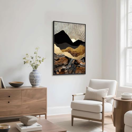 Black Framed Abstract Gold Mountain Sun Retro Poster�� Canvas Print Art�� Modern Minimalist Aesthetic Wall Art Painting Pictures Wall Decor�� Elegant Home Decor�� Living Room (Black frame,12''LX18''W) - size: 12''LX18''W