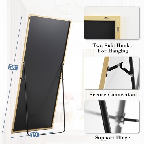 NEWBULIG Full Length Floor Mirror 58"x19", Body Standing Mirror | Wall Hanging or Leaning, Shatter-Proof Glass, Aluminum Alloy Frame with Stand, Home Decor Bedroom, Gold - color: Gold-rect, size: 58"L x 19"W