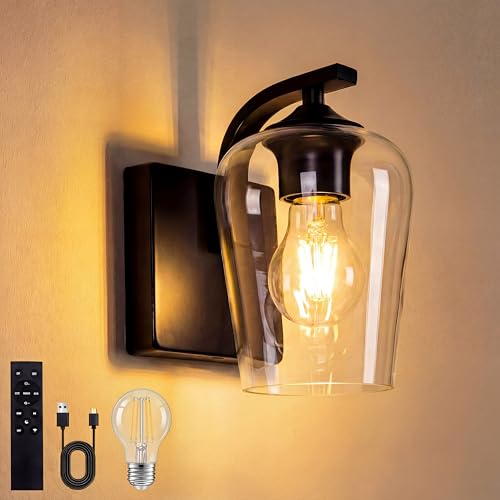 Battery Operated Wall Sconce, Rechargeable Magnetic Wall Lamp with Remote Control, Dimmable LED Bulb & Clear Glass Shade, Wireless Light for Bedroom Bathroom Hallway Farmhouse Decor - size: 1PCS