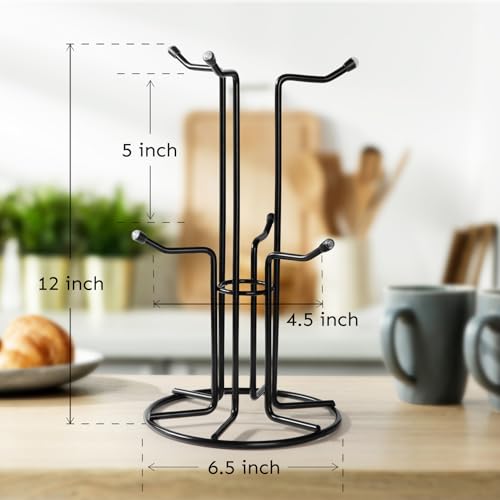 HULISEN Mug Tree for Large Cups, 6 Hook Countertop Coffee Mug Holder, Black | Cup Rack for Counter, Stable Wide Base, Metal Stand for Kitchen Coffee Bar Display, Space-Saving, No Assembly Required - color: Black