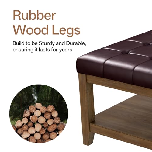ABHENG 31.5" Large Square Storage Ottoman, Upholstery Solid Rubberwood Coffee Couch Table with Open Shelf, Foot Stool Load up to 330lb, Sythetic Leather Brown UASND67R - color: Brown, size: 31.5"D x 31.5"W x 20"H
