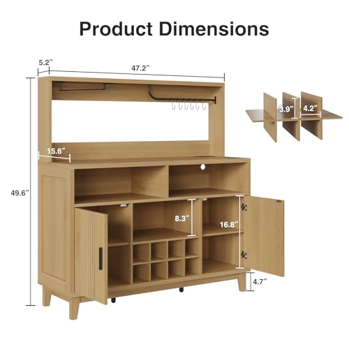 Fluted Buffet Cabinet with Storage, Modern Coffee Bar Cabinet, Natural | Power Outlet, Removable Wine Rack, Glass Holder, Multi-Functional Accent Liquor Cabinet for Living Room, Entryway, Kitchen ﻿ - color: Wood Grain, size: Coffee Bar - 15.6"D x 47.2"W x