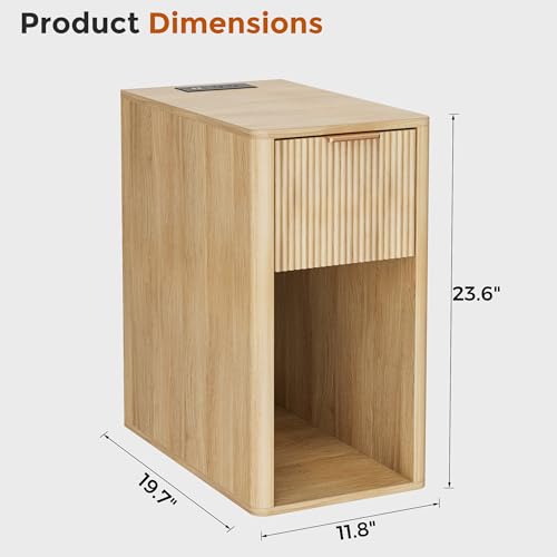 Homleke Narrow End Table with Fluted Drawer & Charging Station | Compact Nightstand with USB Ports & Outlets, Bedside Table for Bedroom, Living Room, Modern Accent Table, Natural - color: Natural