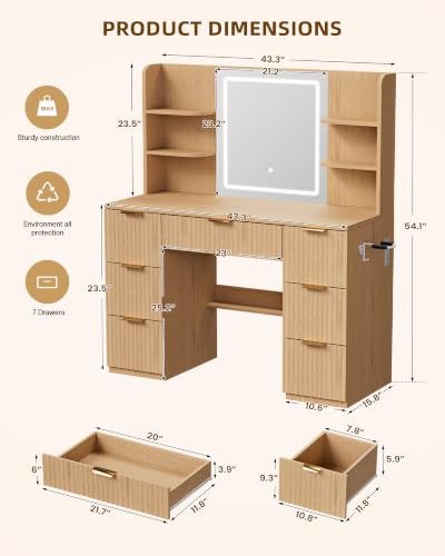 LIVELYGLOW 43" Large Natural Wood Makeup Vanity Desk with Charging Station | Fluted Design, Smart LED Mirror, Hairdryer Holder, 7 Drawers - color: Wooden/Fluted