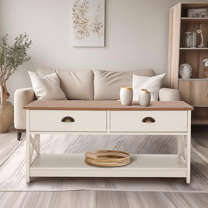 PHI VILLA White Coffee Table with Drawers,2 Tiers Living Room Coffee Table | Storage Shelf Rustic Rectangle Coffee Table with Drawers, Farmhouse Wood Coffee Table, Modern Style - color: Ivory 3
