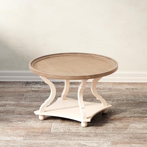 Round Farmhouse Coffee Table with Handmade Finish, Wood Tray Top Rustic Coffee Table for Added Thickness, Accent Table with Storage for Living Room, Small Place, White, Circle - size: 1-Pack Coffee Table