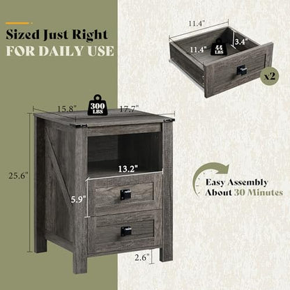 AMERLIFE Farmhouse Wood Nightstand Set of 2, End Table with Drawers, Grey | Narrow/Small 18" Bedside Table with Open Shelf, Wooden Night Stand for Bedroom/Home Office, Rustic Grey Oak - color: Rustic Grey