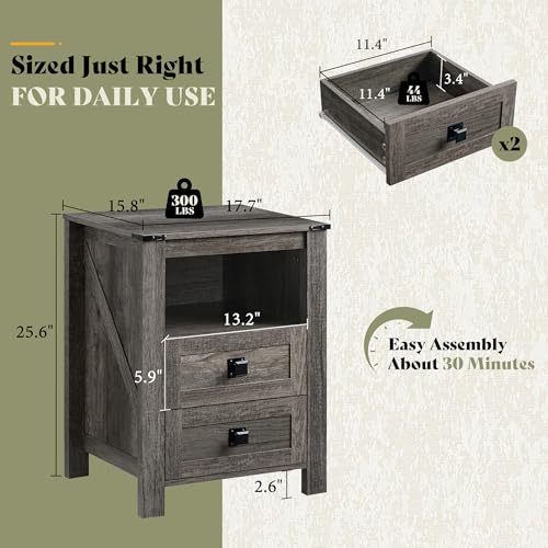 AMERLIFE Farmhouse Wood Nightstand Set of 2, End Table with Drawers, Grey | Narrow/Small 18" Bedside Table with Open Shelf, Wooden Night Stand for Bedroom/Home Office, Rustic Grey Oak - color: Rustic Grey