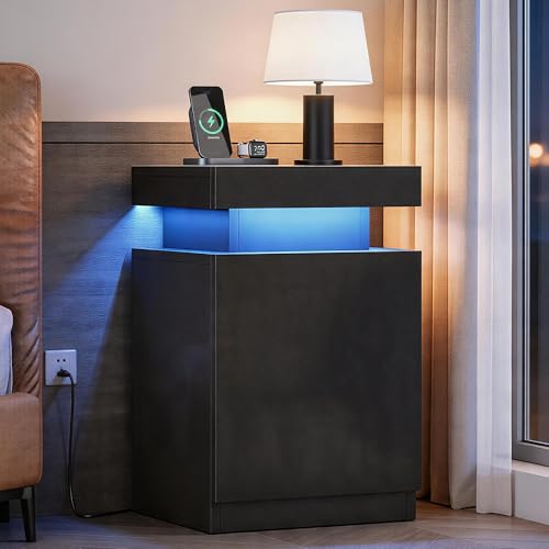 Nightstands Set of 2, 17.7 Inches LED Night Stand Set 2 with Power Outlets, Bedside Table with Sliding Top Storage, Modern End Table for Bedroom, Black - color: Black-17.7"