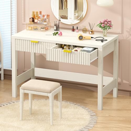 39 Inch Small Fluted Computer Desk with 2 Drawers for Bedroom, Home Office | Small Computer Desk with Storage for Bedroom, Compact Writing Study Desk for Small Spaces, White - color: White, size: 39-Inch Desk