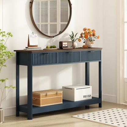 RUSTOWN Fluted Wood Console Table with 3 Drawers, 47.2" Boho Entryway Table | Narrow Behind Couch Sofa Table, Open Storage Shelf, Curved legs, 2 Tier Modern Farmhouse Hallway Table for Living Room, Foyer - color: Navy Blue