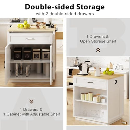 Kitchen Island, Extendable Dining Table with Power Outlet | Extendable dining table seats 2-6 guests, slides from compact prep island to family dining setup - color: White Oak + Natural Wood Grain Table + Mdf