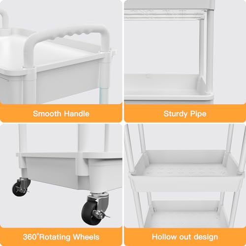 3 Tier Rolling Utility Cart with Drawer,REBECAT Utility Cart Made of Multifunctional Storage Organizer Tool for Kitchen,Bathroom,Living Room,Office(White) - color: White