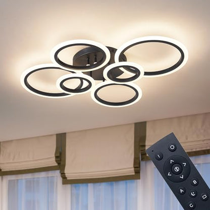 Shine LUEST 6 Rings Black Modern LED Ceiling Light Fixture, Flush Mount Ceiling Light with Remote Dimmable Brightness, Adjustable 3000-6000K Color Temperature, Timer for Living Room, Bedroom - color: Black, 6 Rings
