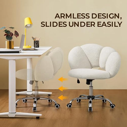 Yaheetech White Petal Boucle Makeup Vanity Desk Chair with Wheels, Swivel | Soft foam-padded boucle fabric fits vanity, bedroom, office or sewing desks; adjustable height, swivel wheels, fast assembly. - color: White