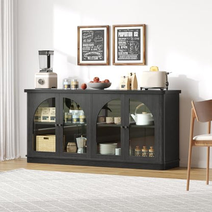 63 Inch Sideboard Buffet Cabinet with Glass Doors, Credenzas Cabinet, Black | 4 Doors, Arched, Large, Adjustable Shelves, Modern Style, for Living Room, Kitchen, Entryway