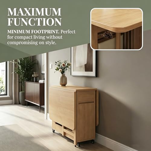Folding Dining Table Set with 6 Chairs, Mobile Solid Wood Expandable Table, Space-Saving Drop Leaf Table, Multi-Functional Kitchen Island Cart for Small Apartment, Dining Room - 1.4m