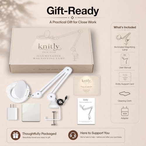 knitly Magnifying Glass with Light, 15X Optical Glass Lamp for Close Work, 5 Color Modes, 9 Brightness Levels, Hands-Free Desk Clamp for Jewelry, Crafts, Soldering, Reading, Nail Detail, Snow White