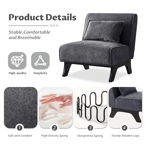 Armless Accent Chair Comfy Upholstered Modern Living Room Side Chair | Comfy Small Accent Lounge Chair with Pillow & Wooden Leg Accent Chair for Living Room Bedroom Farmhouse Reading Charcoal Gray - color: Grey