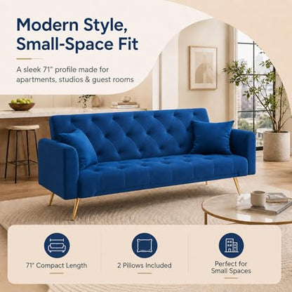Majnesvon 71" Convertible Folding Sleeper Sofa Couch,Modern Velvet Loveseat Sleeper with 2 Pillows, Futon Sofa Bed with Mattress and Frame for Living Room,Bedroom,Small Space (Blue) - color: Blue