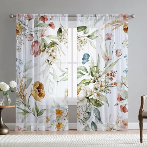 Floral Sheer Curtains for Living Room 63 inch Length 2 Panels Set Elegant Yellow Flower Spring Printed Window Curtain Chiffon Drapes for Bedroom - color: B-greenflower, size: 54"W x 63"L (Pack of 2)