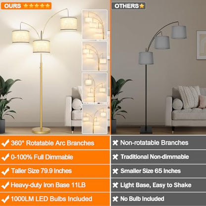 Dimmable Floor Lamp, 3 Lights Gold Arc Floor Lamp, Modern Tall Standing Tree Lamp with White Linen Shades & Heavy Base, 3000LM LED Bulbs, Bright Lighting for Living Room, Bedroom, Office & Reading - color: Gold-White Shade