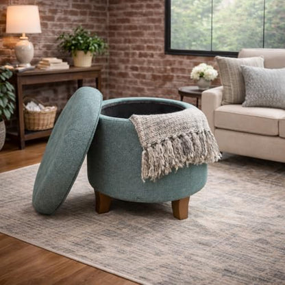 HomePop by Kinfine Fabric Upholstered Round Storage Ottoman - Button Tufted Ottoman with Removable Lid, Teal Woven - color: Teal Woven