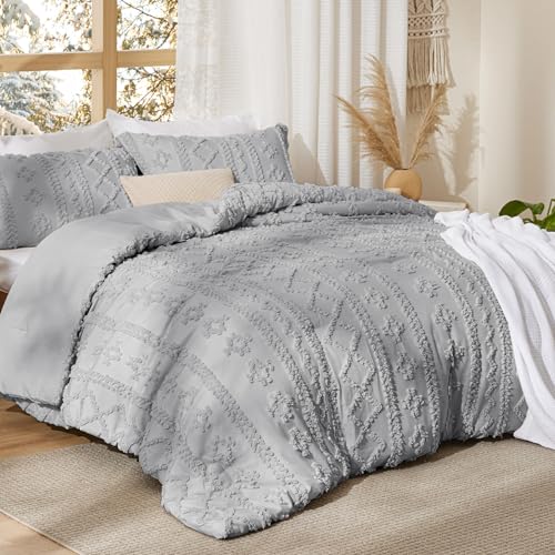 Bedsure Tufted Boho Comforter Set Twin Size - Light Grey Boho Bed Set, GentleSoft™ 2 Pieces Farmhouse-Style Embroidery Bedding, Gifts for Woman, Soft Jacquard Kids' Twin Comforter for All Seasons - color: 18 - Light Grey - Elegant, size: Twin/Twin XL