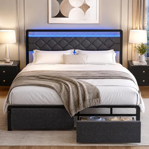 Nuturelly Full Size Bed Frame with Storage Drawers and Smart LED Headboard, Upholstered Platform Bed with Noise-Free Metal Support, No Box Spring Needed, Space Saving Room Decor, Grey - color: Grey, size: Full