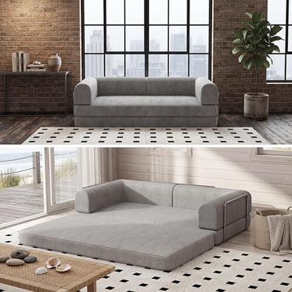 Garvee 78" Convertible Sleeper Sofa Bed, Plush Corduroy Futon Loveseat, Folding Floor Couch with Fixed Frame, Pull Out Bed, No Assembly Modern Living Room Sofa Furniture (Grey)