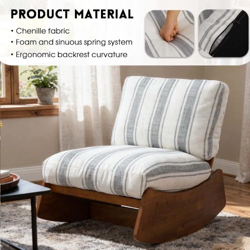 Armless Rocking chair, Upholstered Glider Lounge Chair, Gray Stripe | Comyf Chenill, Curved Solid Wood Base, for Living Room, Bedroom - color: Gray Stripe