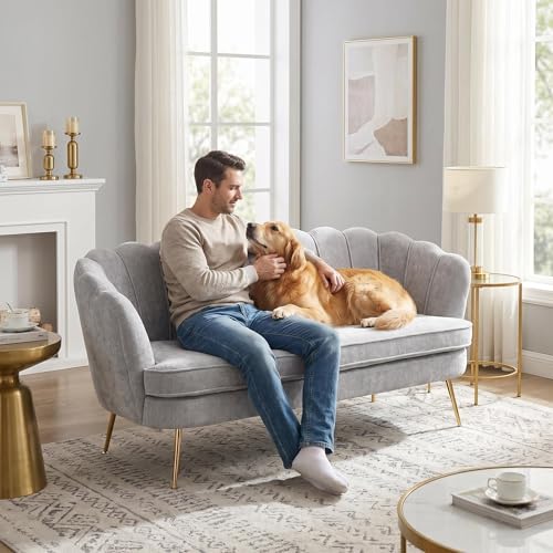Modern Chenille Loveseat Couch, Futon Small Sofa with Gold Metal Legs | 2-Seater Upholstered Mini Sofa Couches for Small Space,Living Room Bedroom Office Dorm Studio Apartment Love Seat Couche - color: Grey