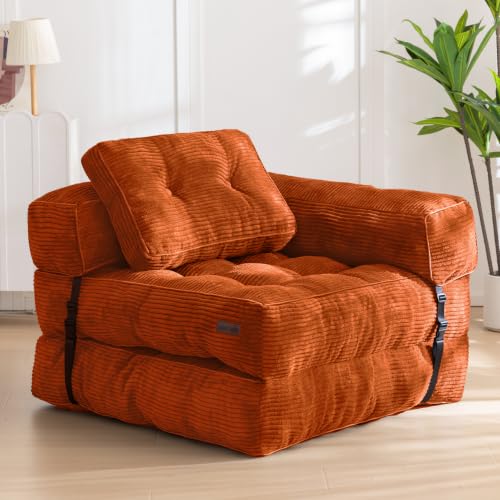 MAXYOYO Folding Sofa Bed, Convertible Chair Bed with Pillow | L-Shaped Floor Sofa with Armrest and Pillow, Foldable Portable Fold Out Comfy Chair Bed for Living Room Bedroom, NEW Orange - color: New Orange