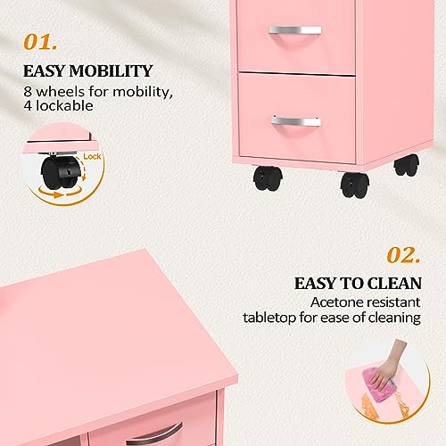 OmySalon Manicure Table Nail Desk with Cabinet, Drawers, Wheels & Wrist Rest, Spa Salon Beauty Home Wooden Technician Workstation for Nail Tech, Pink - color: Pink