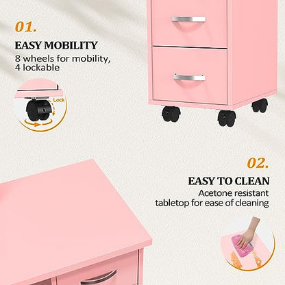 OmySalon Manicure Table Nail Desk with Cabinet, Drawers, Wheels & Wrist Rest, Spa Salon Beauty Home Wooden Technician Workstation for Nail Tech, Pink - color: Pink