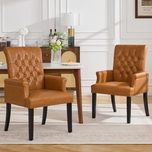 Dining Chair with Arms, PU Leather High Back Dining Room Chairs, Brown | Set of 2, PU Leather Dining Chairs, Tufted Armchair with Solid Wood Leg, Nailhead Trim, Comfortable Parson Kitchen Chairs - color: Pu-brown, size: 2 PCS