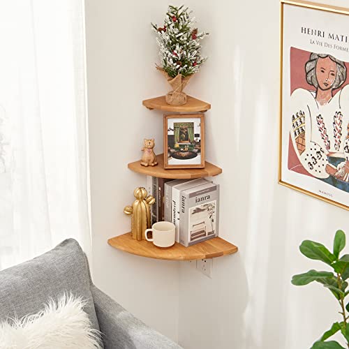 Oak Corner Shelf 12 inches Natural Wood Floating Corner Shelves Round End Wall Mounted Display Shelf Corner Plant Stand for Bathroom Kitchen Bedroom Livingroom Floating Shelves - size: 12 inches