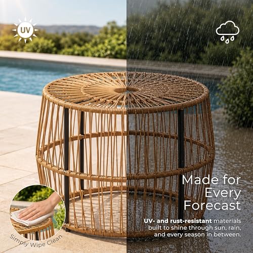 Furniture of America Ysar Boho Rattan Round Coffee Table Outdoor with Metal Frame, All-Weather and Rust Resistant, Handcrafted Coastal Furniture for Patio, Poolside, Garden, Yard, Black - color: Black/18.9 In.