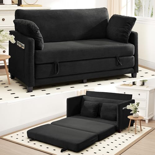 Myroyalsit 65" Convertible Loveseat Sofa Bed, 2-in-1 Folding Sofa Bed with 2 Pillow for Small Spaces, Modern Loveseat Sleeper Couch for Apartment, Living Room & Guest Room (Black Corduroy, 65 inch) - color: Black Corduroy, size: 65 inch