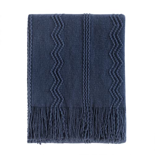 BOURINA Navy Throw Blanket 50x60 Inch Boho Knitted Soft Throw Sofa Blanket | Knitted Throw Blanket 50x60 Inches, Soft Lightweight Boho Weave Throw Decorative Couch Blanket for Living Room Bedroom Chair - color: Navy, size: 50"x60"