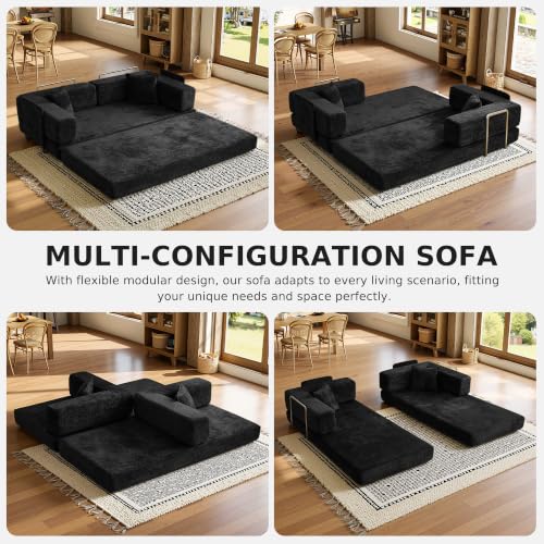 79" Convertible Futon Sofa Bed, Boneless Couch for Living Room | Pet scratch-resistant velour, dual-firmness full-block foam cushions, pull-out sleeper couch, no assembly, Black - color: Black, size: 78IN