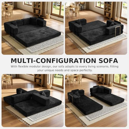 79" Convertible Futon Sofa Bed, Boneless Couch for Living Room | Pet scratch-resistant velour, dual-firmness full-block foam cushions, pull-out sleeper couch, no assembly, Black - color: Black, size: 78IN